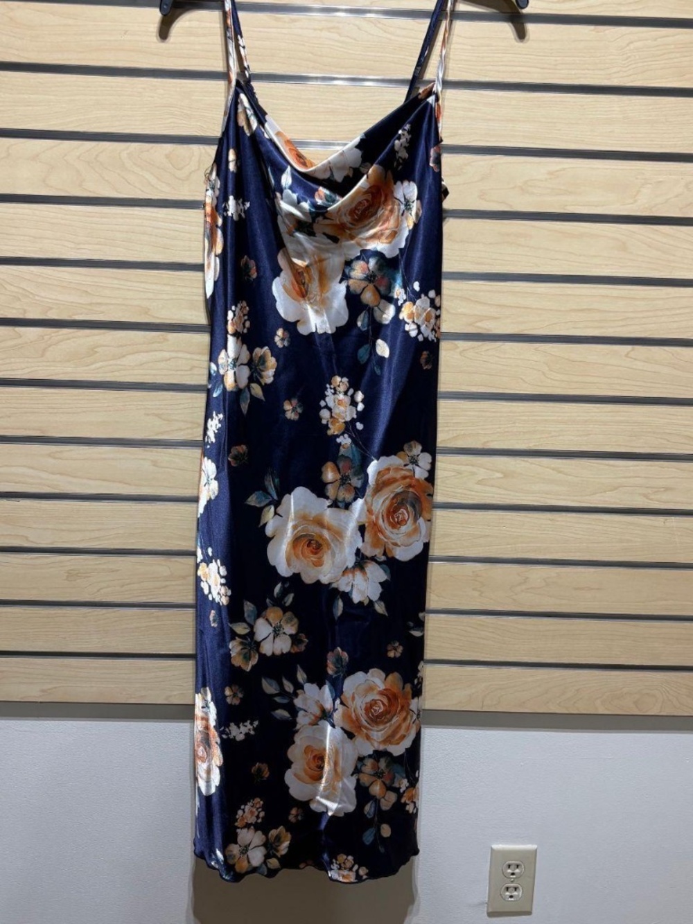 Bebe NWT Navy Floral Satin Slip Midi Dress Cowl Neck size S